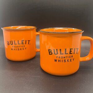 Bulleit Frontier Whiskey Ceramic Mugs Orange & Black Coffee Cups PAIR VGC